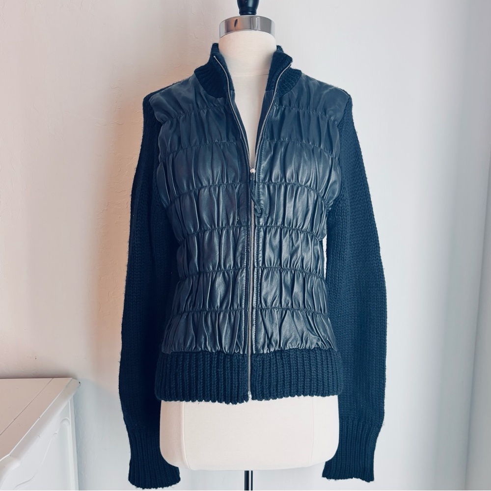 Moda International Ruched Leather & Knit Combo Jacket Black, Sz Medium
